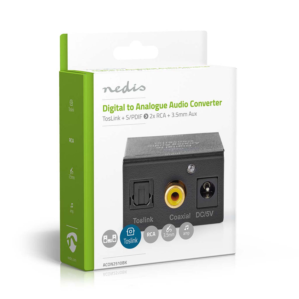Digital Audio Converter | 1 irányú | Csatlakozó bemenet_ 1x Digital RCA / 1x TosLink | Csatlakozó kimenet_ 1x (2x RCA) / 1x 3.5mm | Automatikus | Integrált erősítő | Fekete