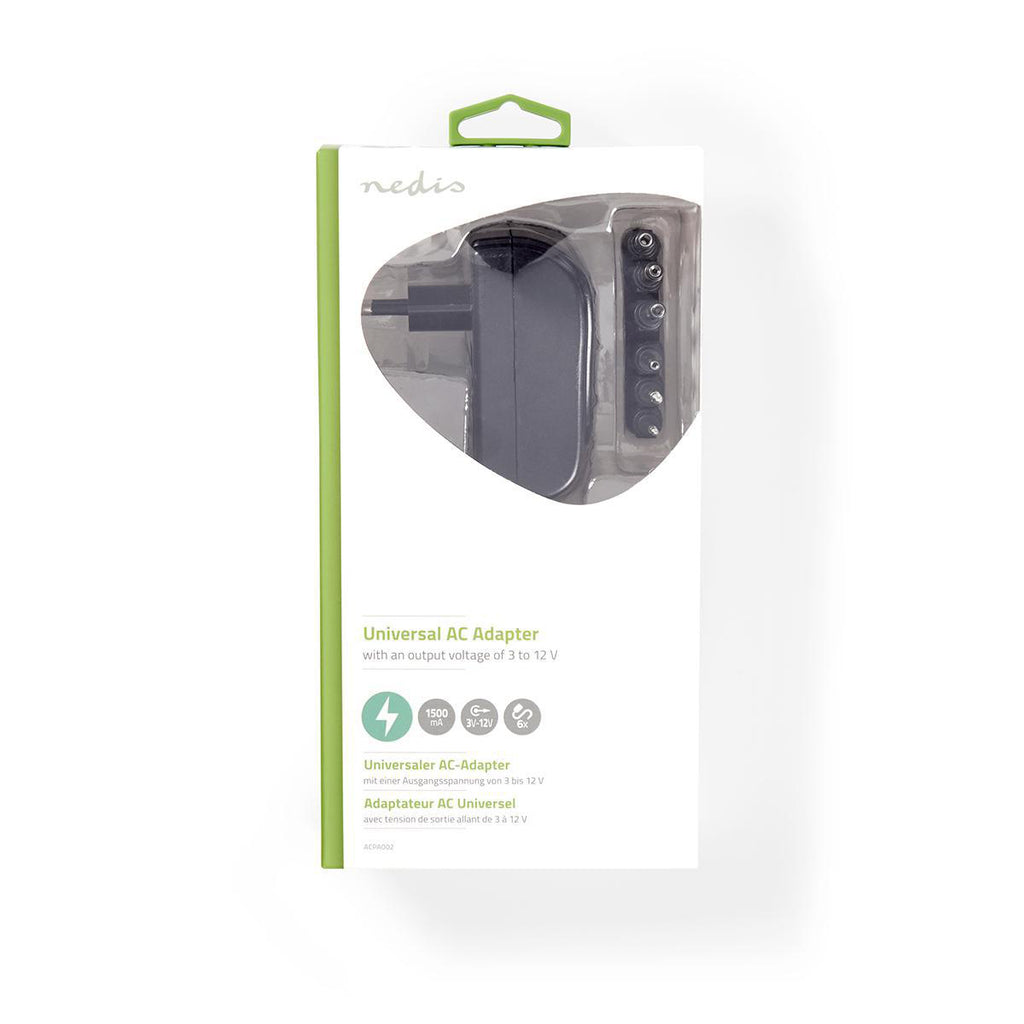 Univerzális hálózati adapter | Euro / C típus (CEE 7/16) | 18 W | 3 / 4.5 / 5 / 6 / 7.5 / 9 / 12 VDC | Kimeneti csatlakozó típusa: 2.5 x 2.1 mm / 3.5 x 1.35 mm / 3.5 x 2.1 mm / 5.0 x 2.1 mm / 5.5 x 1.5 mm / 5.5 x 2.5 mm | 1.80 m | Bemeneti feszültség: AC