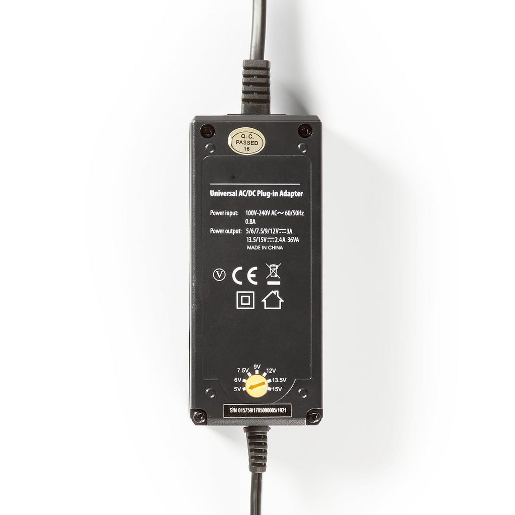 Univerzális hálózati adapter | Euro / C típus (CEE 7/16) | 36 W | 5 / 6 / 7.5 / 9 / 12 / 13.5 / 15 VDC | Kimeneti csatlakozó típusa: 2.5 x 2.1 mm / 3.5 x 1.35 mm / 3.5 x 2.1 mm / 5.0 x 2.1 mm / 5.5 x 1.5 mm / 5.5 x 2.5 mm | 3.60 m | Bemeneti feszültség: A
