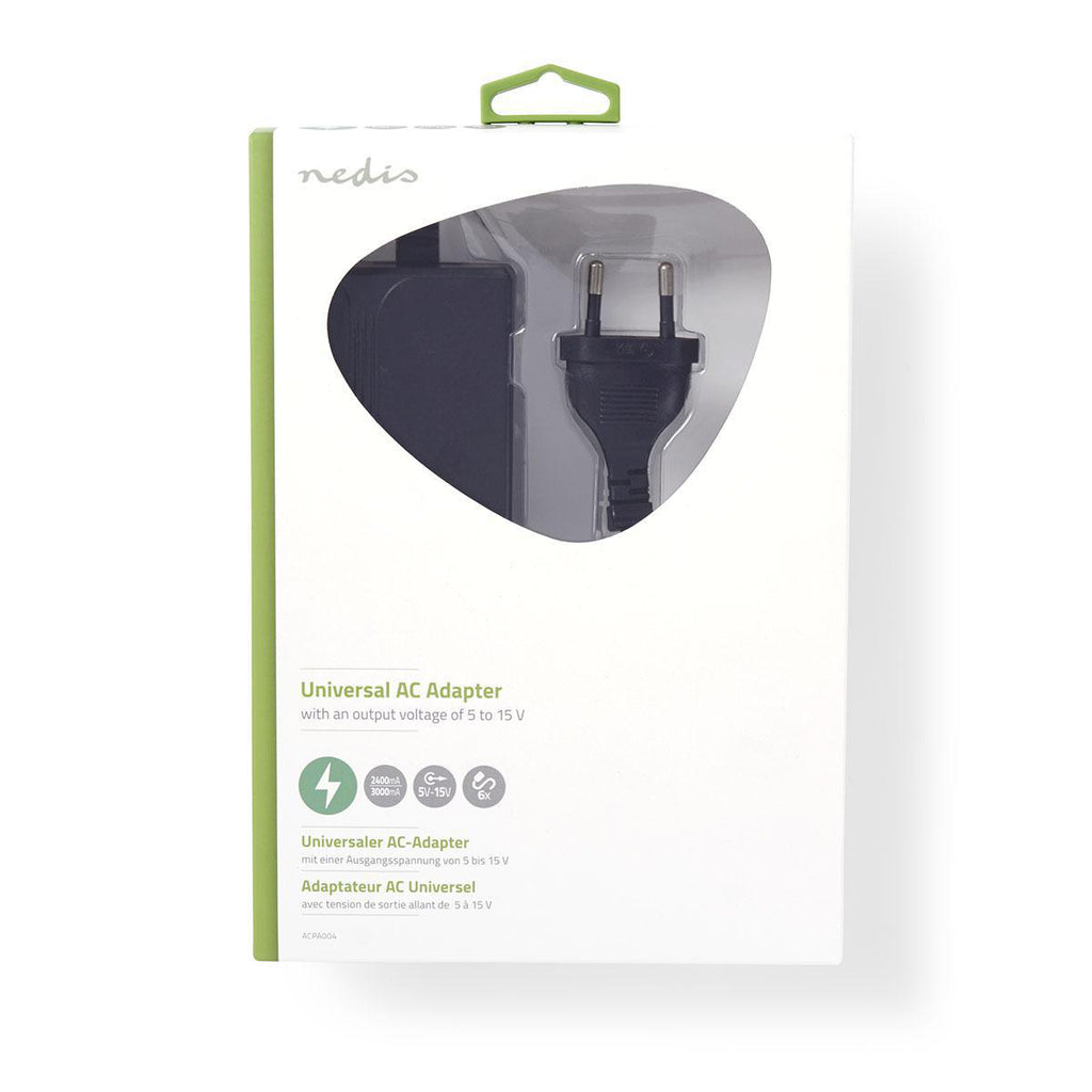 Univerzális hálózati adapter | Euro / C típus (CEE 7/16) | 36 W | 5 / 6 / 7.5 / 9 / 12 / 13.5 / 15 VDC | Kimeneti csatlakozó típusa: 2.5 x 2.1 mm / 3.5 x 1.35 mm / 3.5 x 2.1 mm / 5.0 x 2.1 mm / 5.5 x 1.5 mm / 5.5 x 2.5 mm | 3.60 m | Bemeneti feszültség: A
