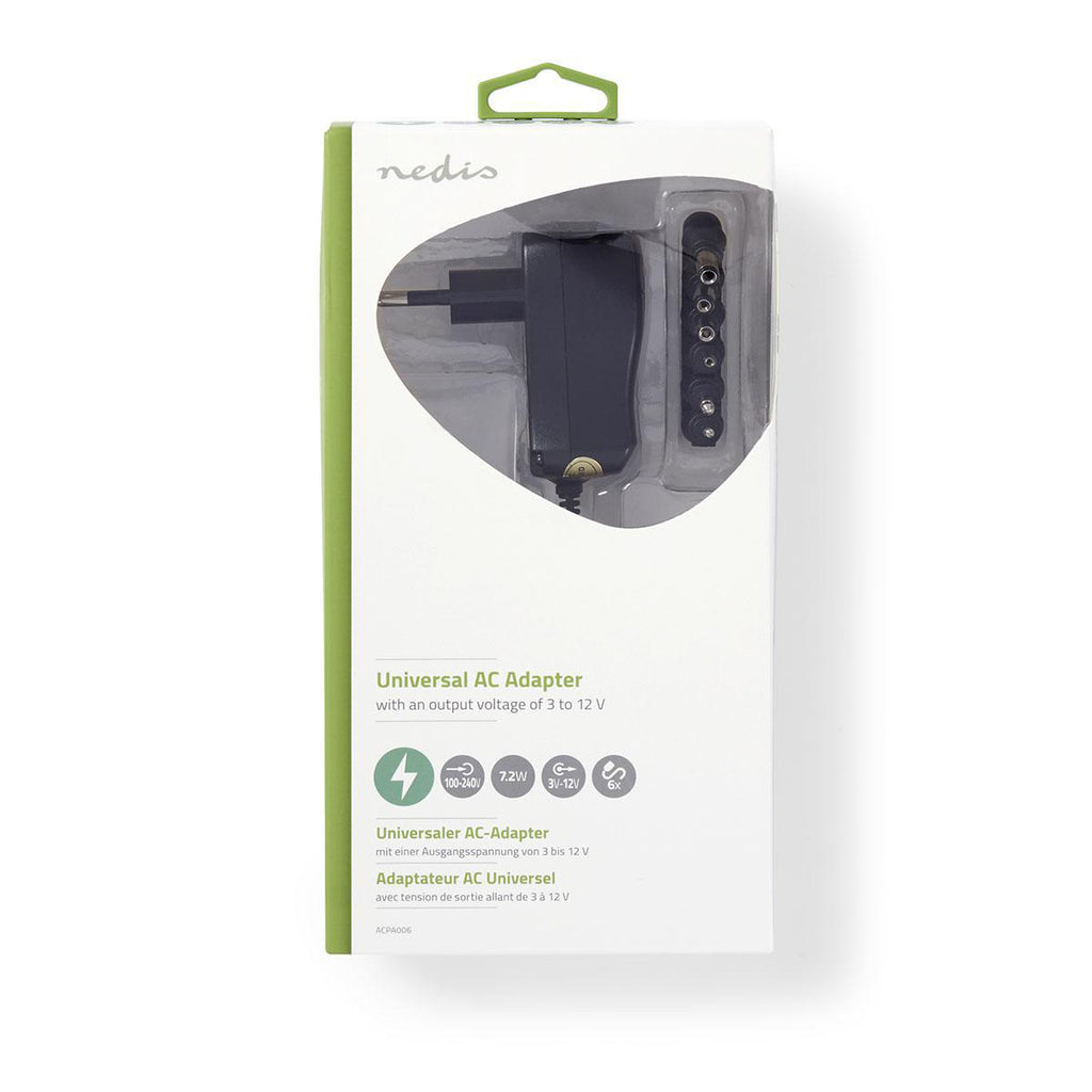 Univerzális hálózati adapter | Euro / C típus (CEE 7/16) | 7.2 W | 3 / 4.5 / 5 / 6 / 7.5 / 9 / 12 VDC | Kimeneti csatlakozó típusa: 2.5 mm Jack Dugasz / 3.5 mm Jack Dugasz / 3.5 x 1.35 mm / 5.0 x 2.1 mm / 5.5 x 1.5 mm / 5.5 x 2.5 mm | 1.80 m | Bemeneti fe