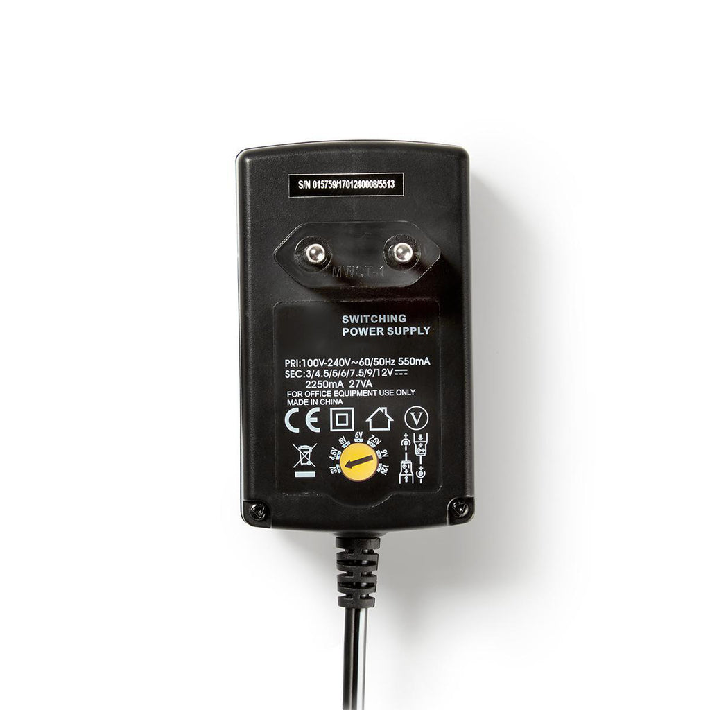Univerzális hálózati adapter | Euro / C típus (CEE 7/16) | 27 W | 3 / 4.5 / 6 / 7.5 / 9 / 12 VDC | Kimeneti csatlakozó típusa: 2.5 x 2.1 mm / 3.5 x 1.35 mm / 3.5 x 2.1 mm / 5.0 x 2.1 mm / 5.5 x 1.5 mm / 5.5 x 2.5 mm | 1.80 m | Bemeneti feszültség: AC 100