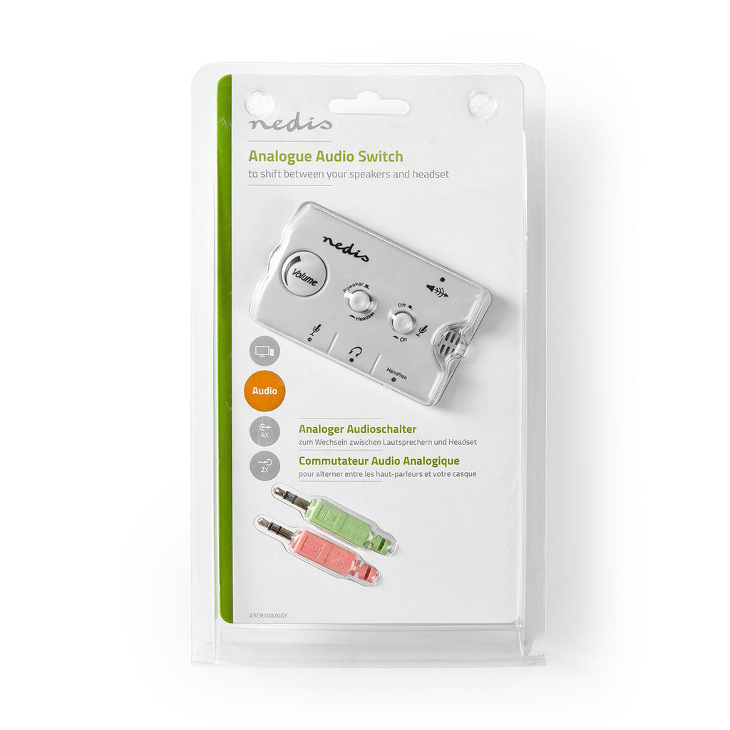 audio switch | Csatlakozó bemenet_ 2x 3.5 mm Dugasz | Csatlakozó kimenet_ 3x 3,5 mm Aljzat + 2,5 mm Aljzat | Funkcióvezérlés: Kézikönyv | Gombok száma: 3