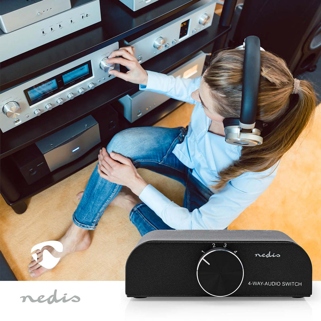 Analóg Audio Kapcsoló | 4-Port port(s) | Csatlakozó bemenet_ 1x 3.5 mm Audió Bemenet / 3x (2x RCA Aljzat) | Csatlakozó kimenet_ 1x (2x RCA Aljzat) | Kézikönyv | Fém | Antracit-1