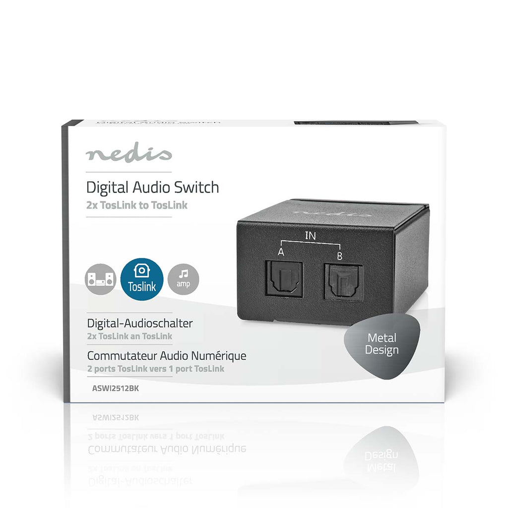 Digital Audio Switch | 2 irányú | Csatlakozó bemenet_ DC táp / 2x TosLink | Csatlakozó kimenet_ TosLink Aljzat | Kapcsoló (Switch) / Kézikönyv | Fém | Fekete