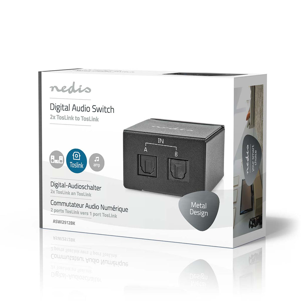 Digital Audio Switch | 2 irányú | Csatlakozó bemenet_ DC táp / 2x TosLink | Csatlakozó kimenet_ TosLink Aljzat | Kapcsoló (Switch) / Kézikönyv | Fém | Fekete