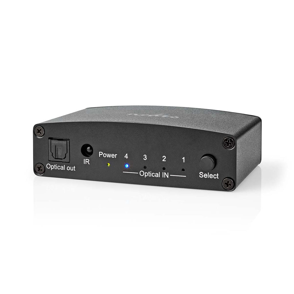 Digital Audio Switch | 4 utas | Csatlakozó bemenet_ DC táp / 4x TosLink | Csatlakozó kimenet_ TosLink Aljzat | Kézikönyv / Nyomó Gomb / Távvezérlő | Fém | Fekete