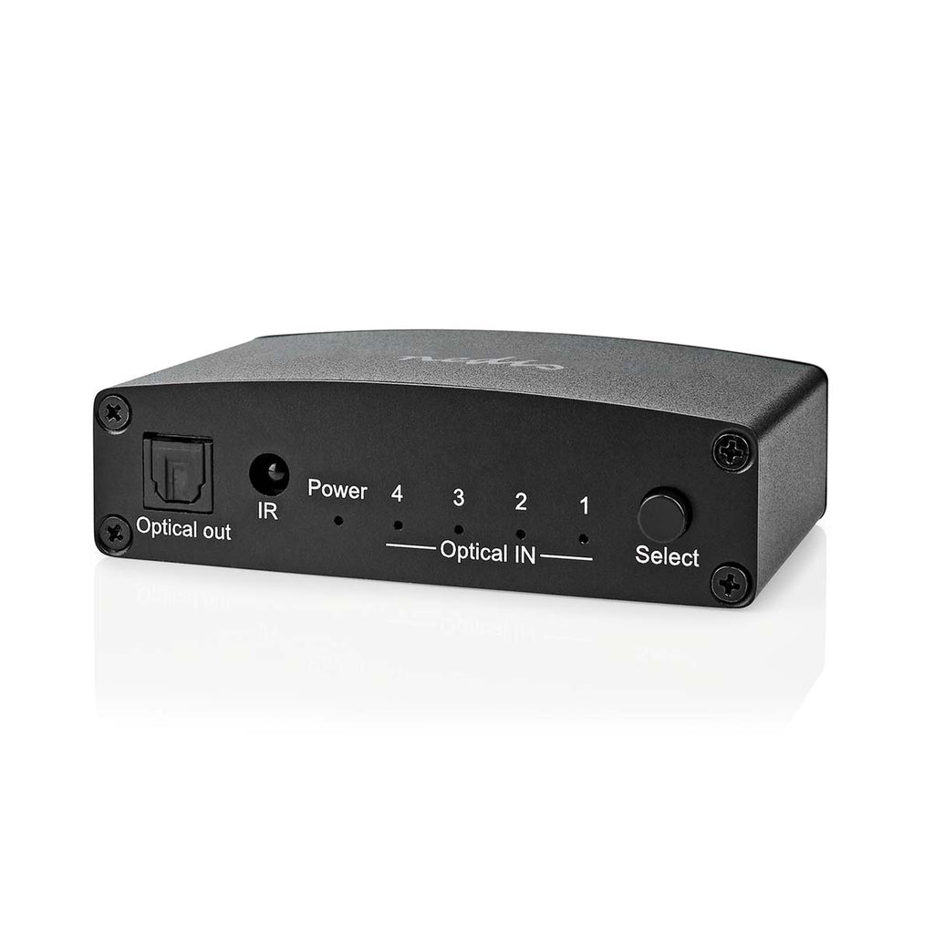 Digital Audio Switch | 4 utas | Csatlakozó bemenet_ DC táp / 4x TosLink | Csatlakozó kimenet_ TosLink Aljzat | Kézikönyv / Nyomó Gomb / Távvezérlő | Fém | Fekete