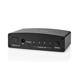 Digital Audio Switch | 4 utas | Csatlakozó bemenet_ DC táp / 4x TosLink | Csatlakozó kimenet_ TosLink Aljzat | Kézikönyv / Nyomó Gomb / Távvezérlő | Fém | Fekete
