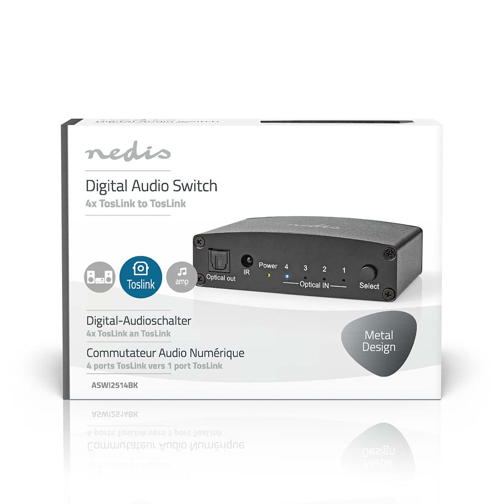 Digital Audio Switch | 4 utas | Csatlakozó bemenet_ DC táp / 4x TosLink | Csatlakozó kimenet_ TosLink Aljzat | Kézikönyv / Nyomó Gomb / Távvezérlő | Fém | Fekete