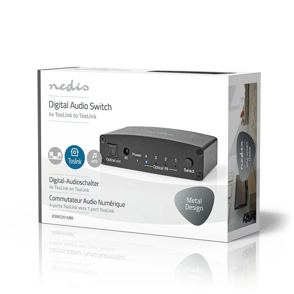 Digital Audio Switch | 4 utas | Csatlakozó bemenet_ DC táp / 4x TosLink | Csatlakozó kimenet_ TosLink Aljzat | Kézikönyv / Nyomó Gomb / Távvezérlő | Fém | Fekete