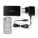 Digital Audio Switch | 4 utas | Csatlakozó bemenet_ DC táp / 4x TosLink | Csatlakozó kimenet_ TosLink Aljzat | Kézikönyv / Nyomó Gomb / Távvezérlő | Fém | Fekete