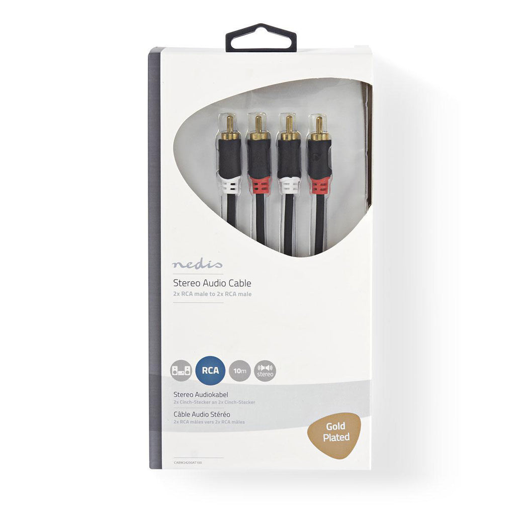 Sztereó audiokábel | 2x RCA Dugasz | 2x RCA Dugasz | Aranyozott | 10.0 m | Kerek | Antracit | Ablakos Doboz