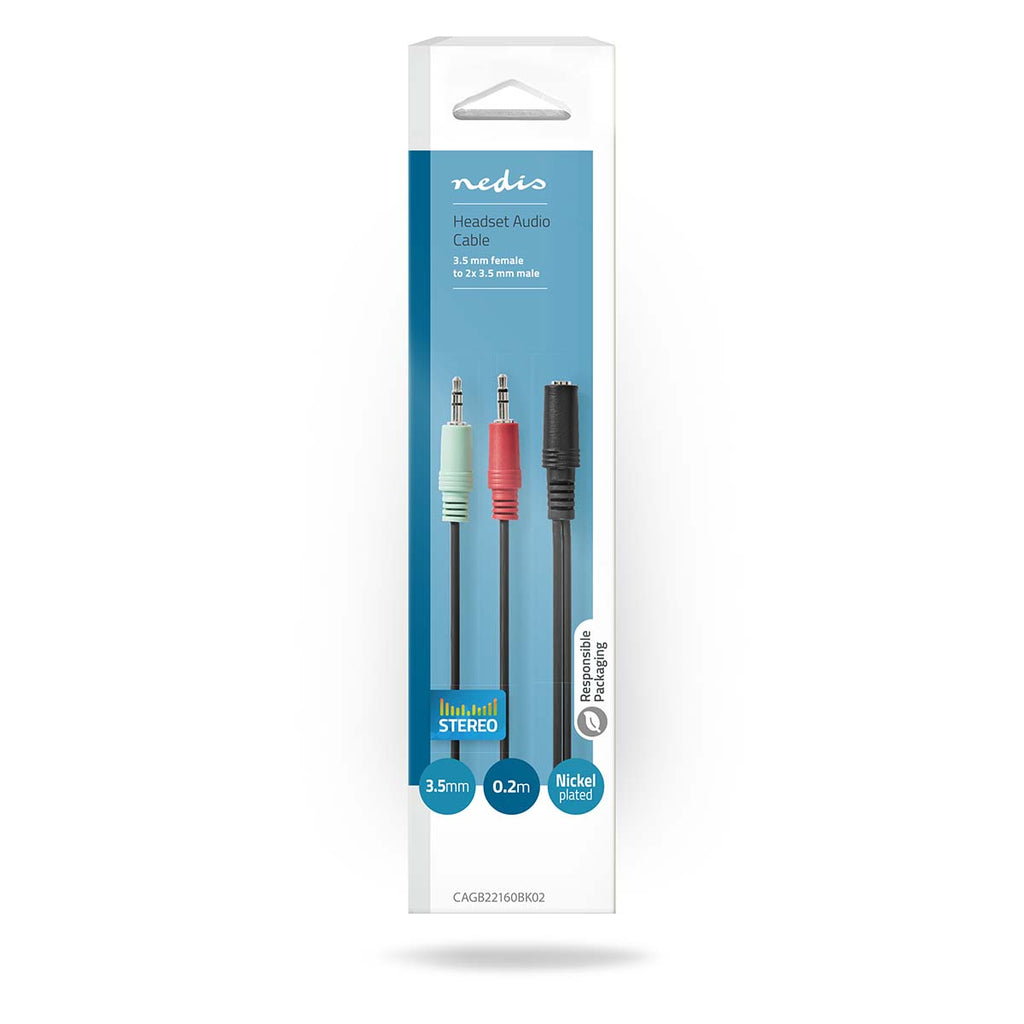 Sztereó audiokábel | 3.5 mm Aljzat | 2 db 3,5 mm-es Dugasz | Aranyozott | 0.12 m | Kerek | Fekete | Doboz