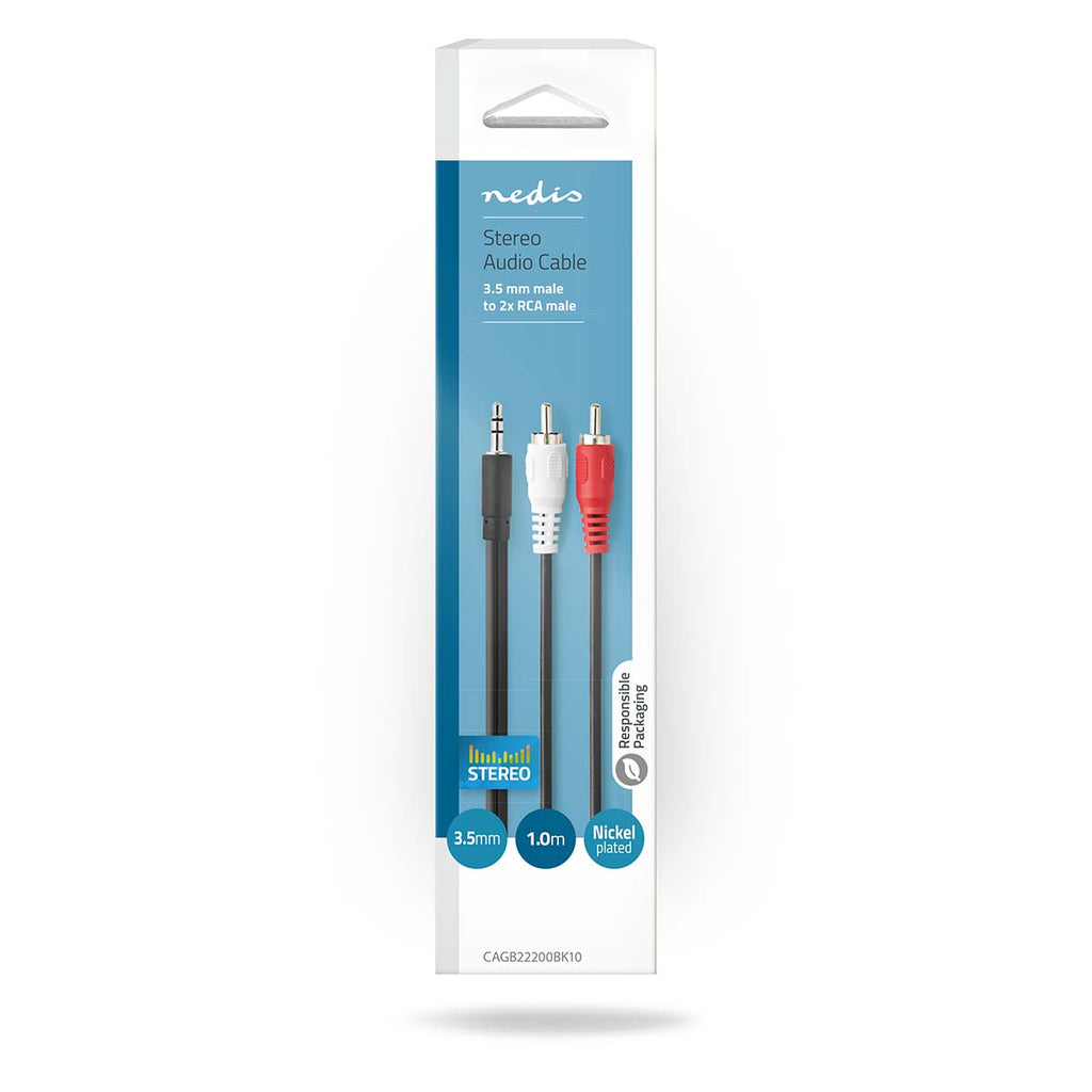 Sztereó audiokábel | 3.5 mm Dugasz | 2x RCA Dugasz | Nikkelezett | 1.00 m | Kerek | Fekete | Doboz