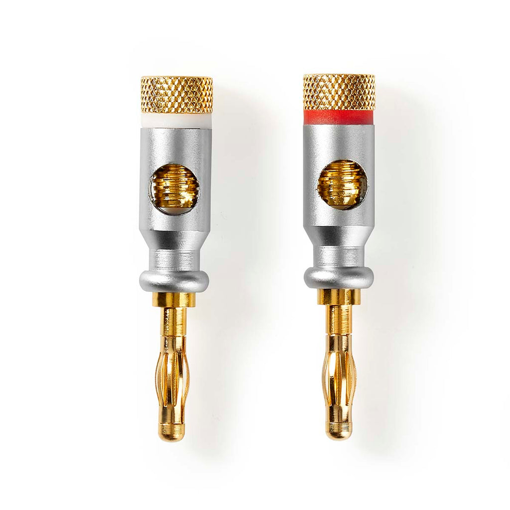 Banán csatlakozó | Egyenes | Dugasz | Aranyozott | Csavar | Bemenő kábel átmérő: 7.0 mm | Zinc Alloy | Ezüst | 2 db | Doboz