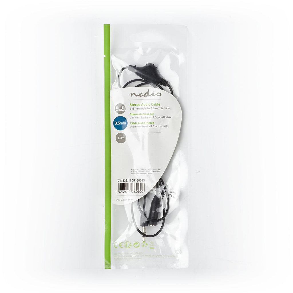 Sztereó audiokábel | 3.5 mm Dugasz | 3.5 mm Aljzat | Nikkelezett | 1.00 m | Kerek | Fekete | Műanyag Zacskó