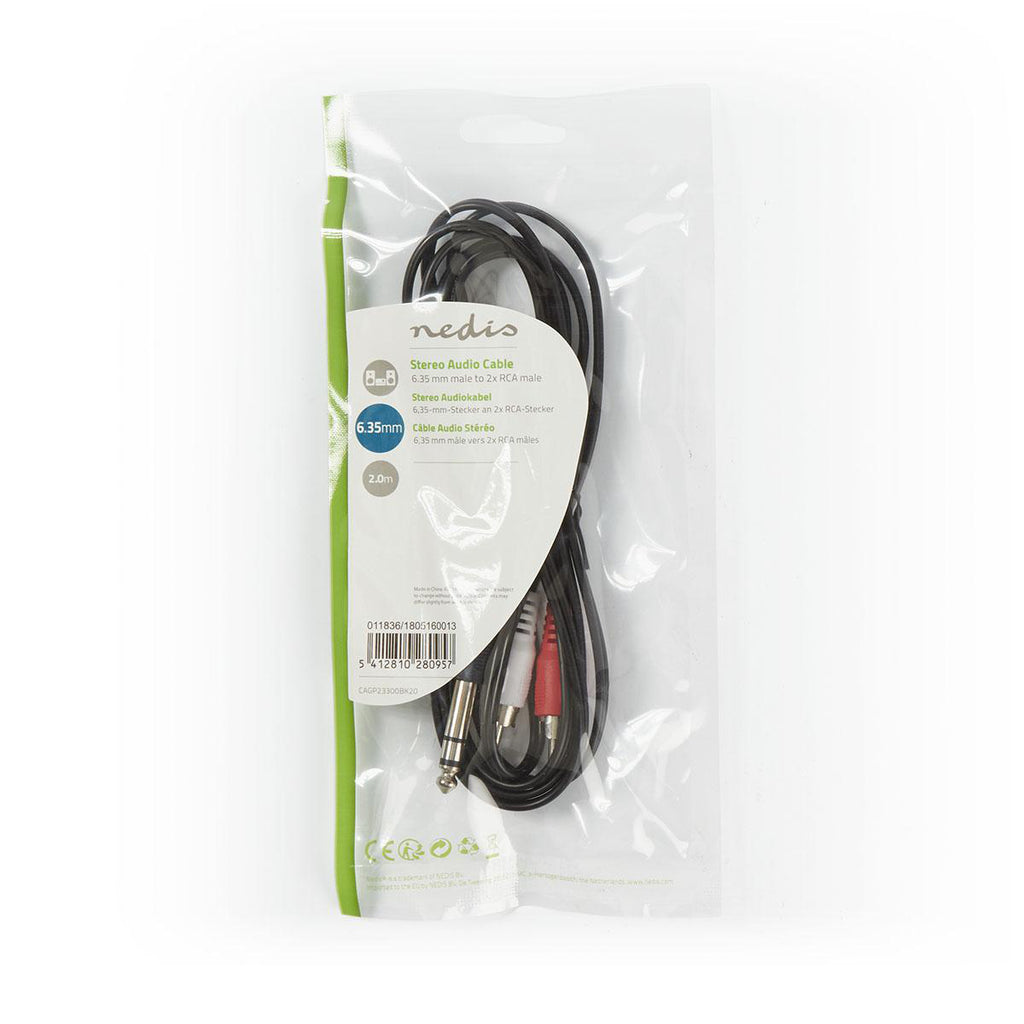 Sztereó audiokábel | 6.35 mm Dugasz | 2x RCA Dugasz | Nikkelezett | 2.00 m | Kerek | Fekete | Műanyag Zacskó