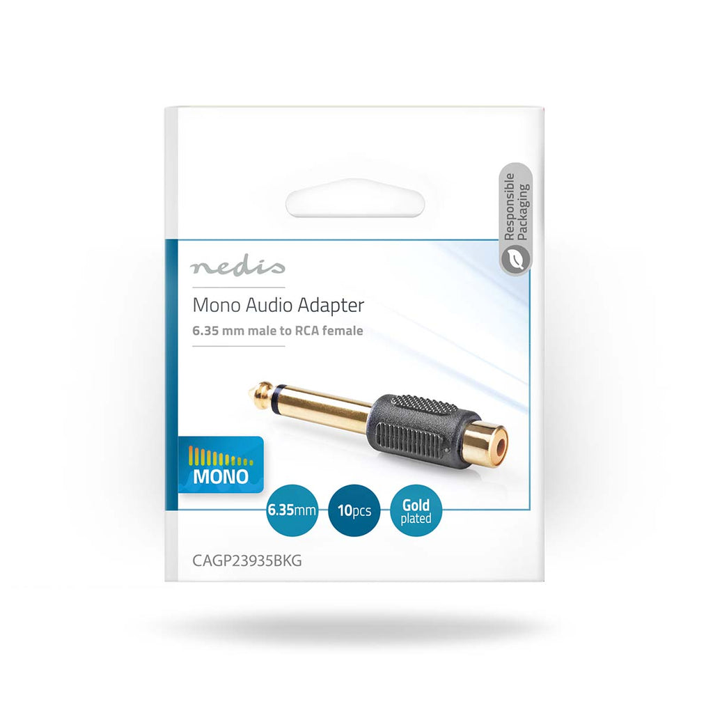 Mono audio adapter | 6.35 mm Dugasz | RCA Aljzat | Aranyozott | Egyenes | ABS | Fekete | 10 db | Műanyag Zacskó