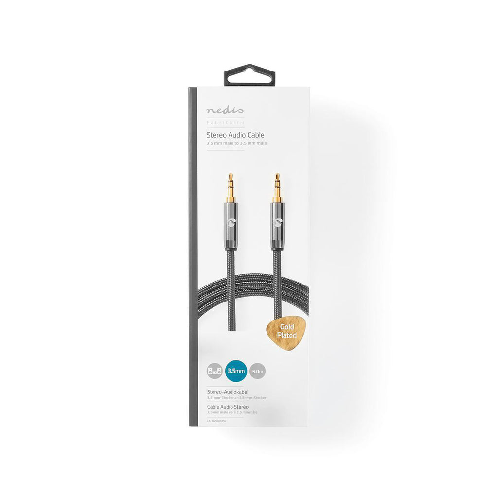Sztereó audiokábel | 3.5 mm Dugasz | 3.5 mm Dugasz | Aranyozott | 5.00 m | Kerek | Gun Metal Szürke / Szürke | Ablakos Fedő Doboz