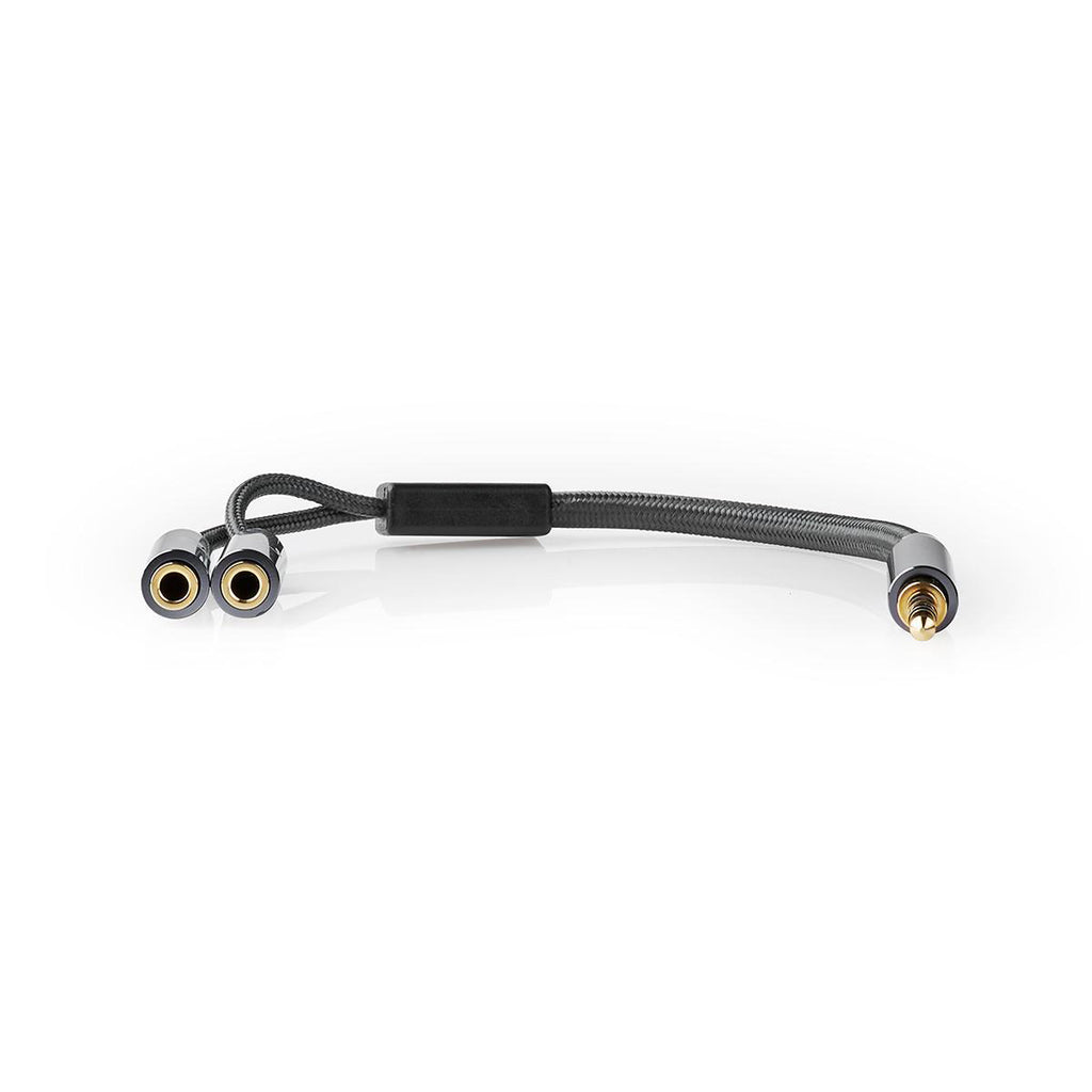 Sztereó audiokábel | 3.5 mm Dugasz | 2 db 3.5 mm-es Aljzat | Aranyozott | 0.20 m | Kerek | Gun Metal Szürke / Szürke | Ablakos Fedő Doboz