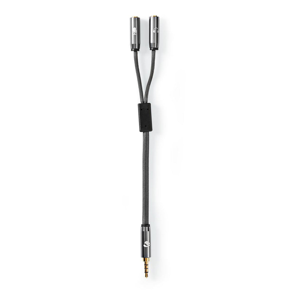 Sztereó audiokábel | 3.5 mm Dugasz | 2 db 3.5 mm-es Aljzat | Aranyozott | 0.20 m | Kerek | Gun Metal Szürke / Szürke | Ablakos Fedő Doboz