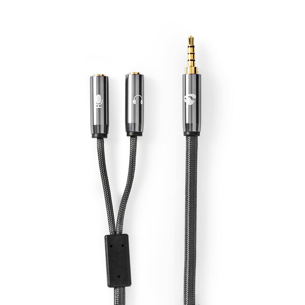 Sztereó audiokábel | 3.5 mm Dugasz | 2 db 3.5 mm-es Aljzat | Aranyozott | 0.20 m | Kerek | Gun Metal Szürke / Szürke | Ablakos Fedő Doboz