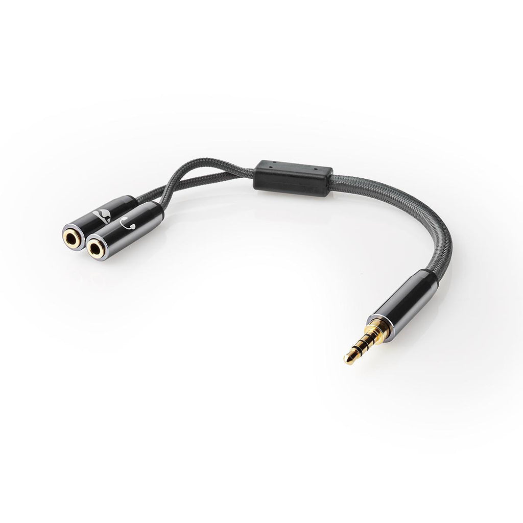Sztereó audiokábel | 3.5 mm Dugasz | 2 db 3.5 mm-es Aljzat | Aranyozott | 0.20 m | Kerek | Gun Metal Szürke / Szürke | Ablakos Fedő Doboz