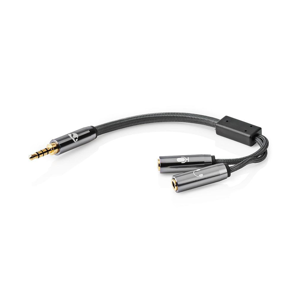 Sztereó audiokábel | 3.5 mm Dugasz | 2 db 3.5 mm-es Aljzat | Aranyozott | 0.20 m | Kerek | Gun Metal Szürke / Szürke | Ablakos Fedő Doboz