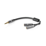Sztereó audiokábel | 3.5 mm Dugasz | 2 db 3.5 mm-es Aljzat | Aranyozott | 0.20 m | Kerek | Gun Metal Szürke / Szürke | Ablakos Fedő Doboz