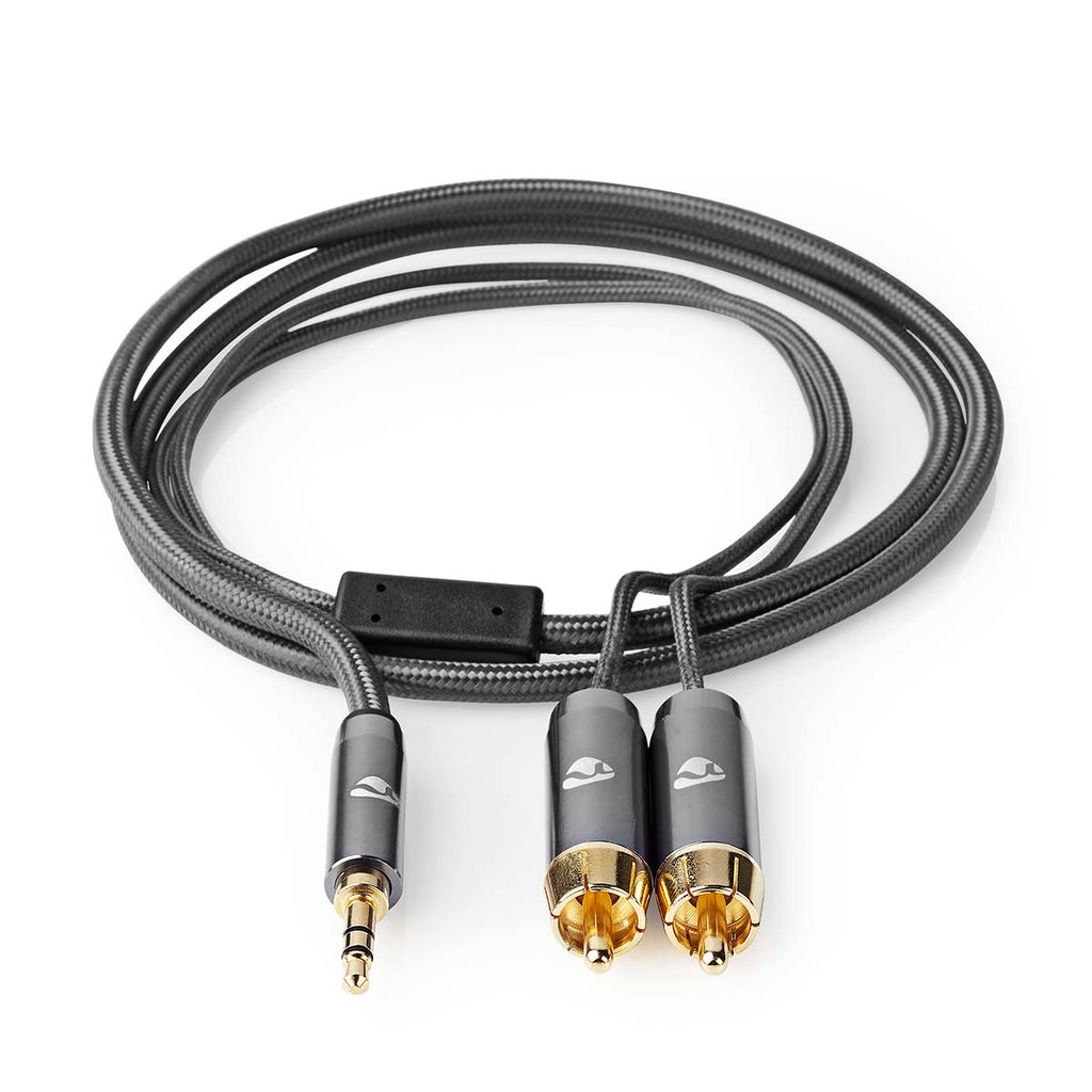 Sztereó audiokábel | 3.5 mm Dugasz | 2x RCA Dugasz | Aranyozott | 1.00 m | Kerek | Gun Metal Szürke / Szürke | Ablakos Fedő Doboz-2