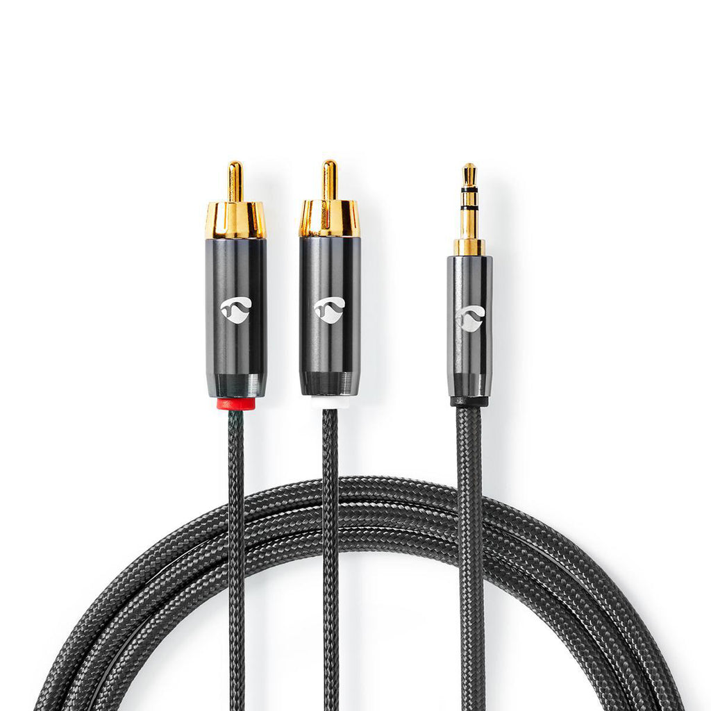 Sztereó audiokábel | 3.5 mm Dugasz | 2x RCA Dugasz | Aranyozott | 5.00 m | Kerek | Gun Metal Szürke | Ablakos Fedő Doboz