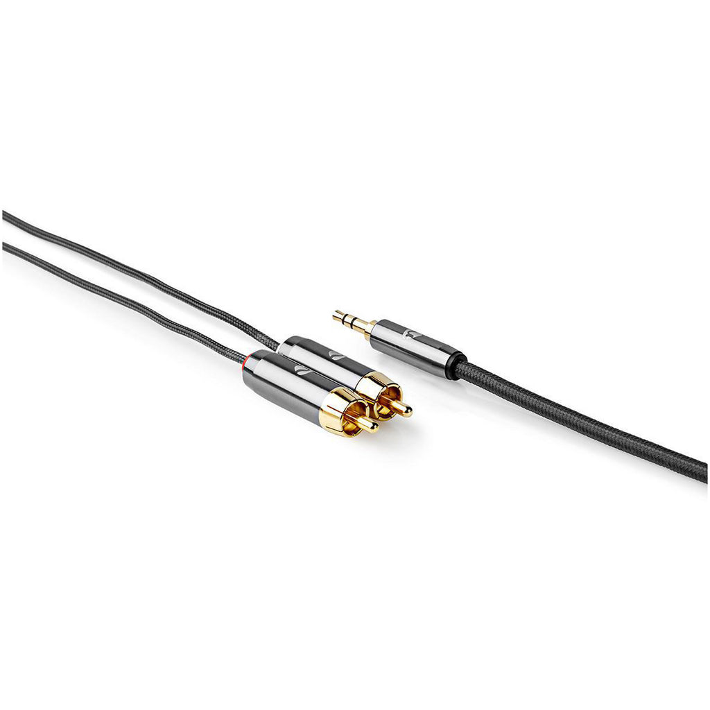 Sztereó audiokábel | 3.5 mm Dugasz | 2x RCA Dugasz | Aranyozott | 5.00 m | Kerek | Gun Metal Szürke | Ablakos Fedő Doboz