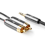 Sztereó audiokábel | 3.5 mm Dugasz | 2x RCA Dugasz | Aranyozott | 5.00 m | Kerek | Gun Metal Szürke | Ablakos Fedő Doboz