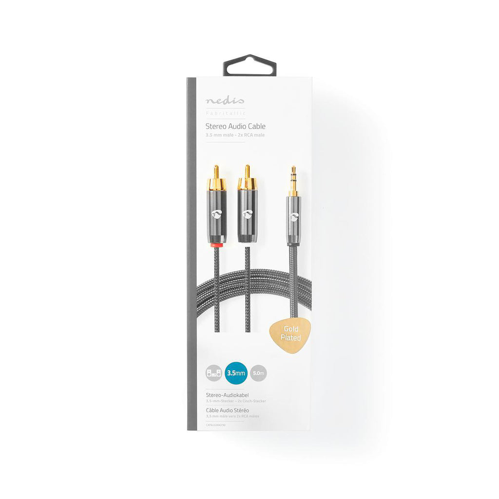 Sztereó audiokábel | 3.5 mm Dugasz | 2x RCA Dugasz | Aranyozott | 5.00 m | Kerek | Gun Metal Szürke | Ablakos Fedő Doboz