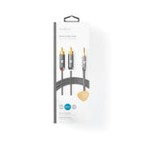 Sztereó audiokábel | 3.5 mm Dugasz | 2x RCA Dugasz | Aranyozott | 5.00 m | Kerek | Gun Metal Szürke | Ablakos Fedő Doboz