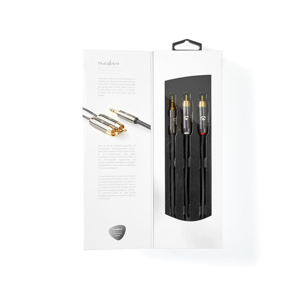 Sztereó audiokábel | 3.5 mm Dugasz | 2x RCA Dugasz | Aranyozott | 5.00 m | Kerek | Gun Metal Szürke | Ablakos Fedő Doboz