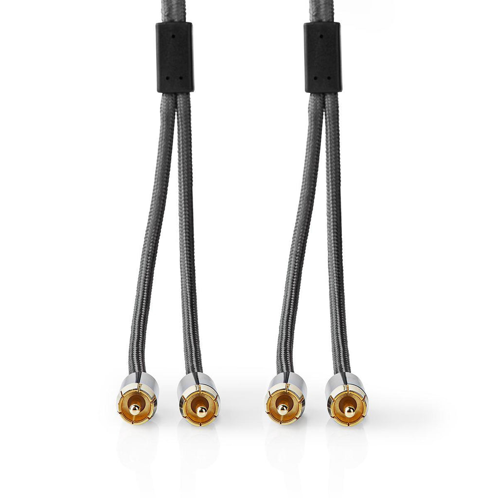 Sztereó audiokábel | 2x RCA Dugasz | 2x RCA Dugasz | Aranyozott | 2.00 m | Kerek | Gun Metal Szürke / Szürke | Ablakos Fedő Doboz