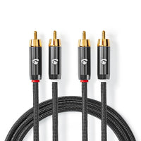 Sztereó audiokábel | 2x RCA Dugasz | 2x RCA Dugasz | Aranyozott | 2.00 m | Kerek | Gun Metal Szürke / Szürke | Ablakos Fedő Doboz