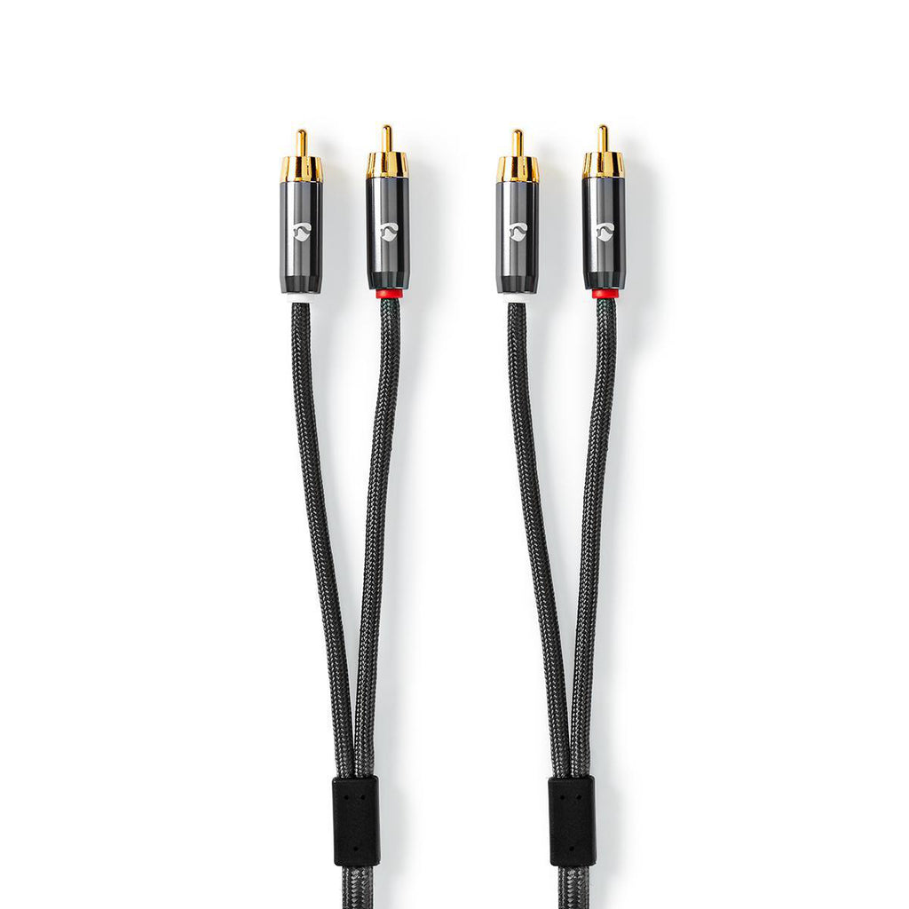Sztereó audiokábel | 2x RCA Dugasz | 2x RCA Dugasz | Aranyozott | 2.00 m | Kerek | Gun Metal Szürke / Szürke | Ablakos Fedő Doboz