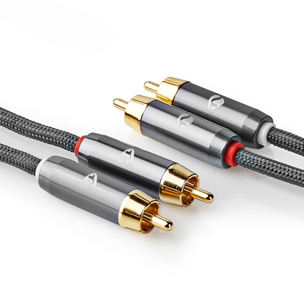 Sztereó audiokábel | 2x RCA Dugasz | 2x RCA Dugasz | Aranyozott | 2.00 m | Kerek | Gun Metal Szürke / Szürke | Ablakos Fedő Doboz