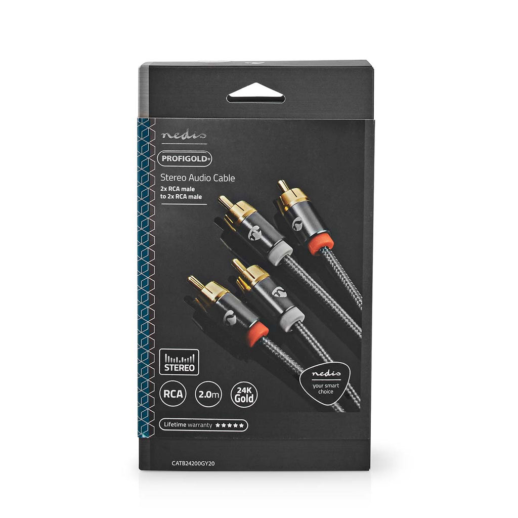Sztereó audiokábel | 2x RCA Dugasz | 2x RCA Dugasz | Aranyozott | 2.00 m | Kerek | Gun Metal Szürke / Szürke | Ablakos Fedő Doboz