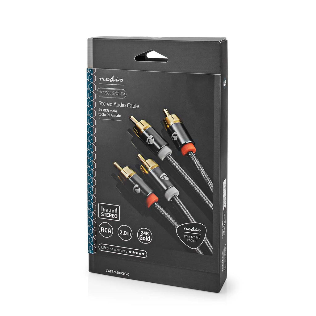 Sztereó audiokábel | 2x RCA Dugasz | 2x RCA Dugasz | Aranyozott | 2.00 m | Kerek | Gun Metal Szürke / Szürke | Ablakos Fedő Doboz