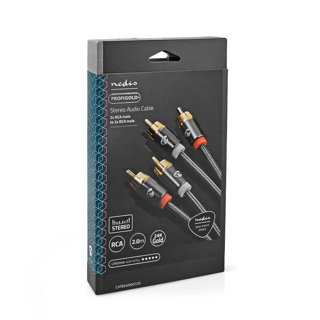 Sztereó audiokábel | 2x RCA Dugasz | 2x RCA Dugasz | Aranyozott | 2.00 m | Kerek | Gun Metal Szürke / Szürke | Ablakos Fedő Doboz