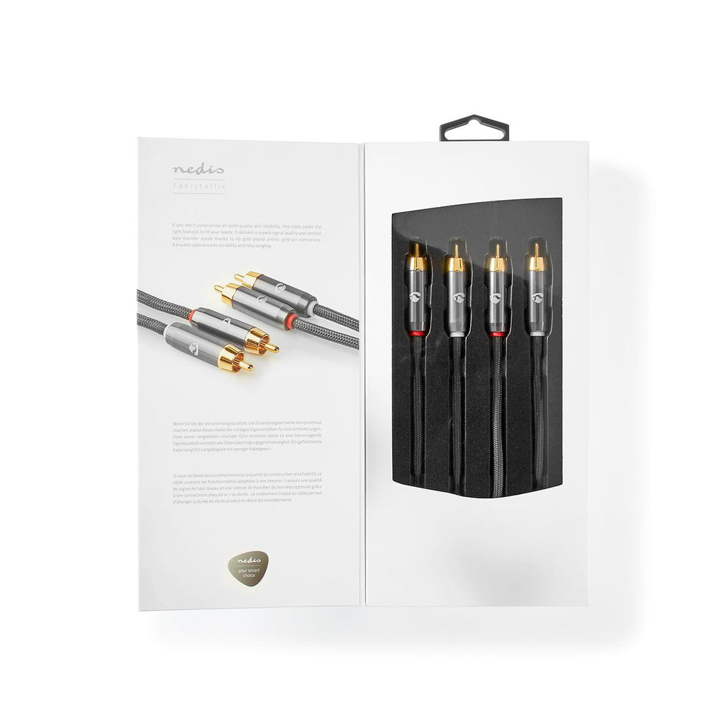 Sztereó audiokábel | 2x RCA Dugasz | 2x RCA Dugasz | Aranyozott | 5.00 m | Kerek | Gun Metal Szürke / Szürke | Ablakos Fedő Doboz