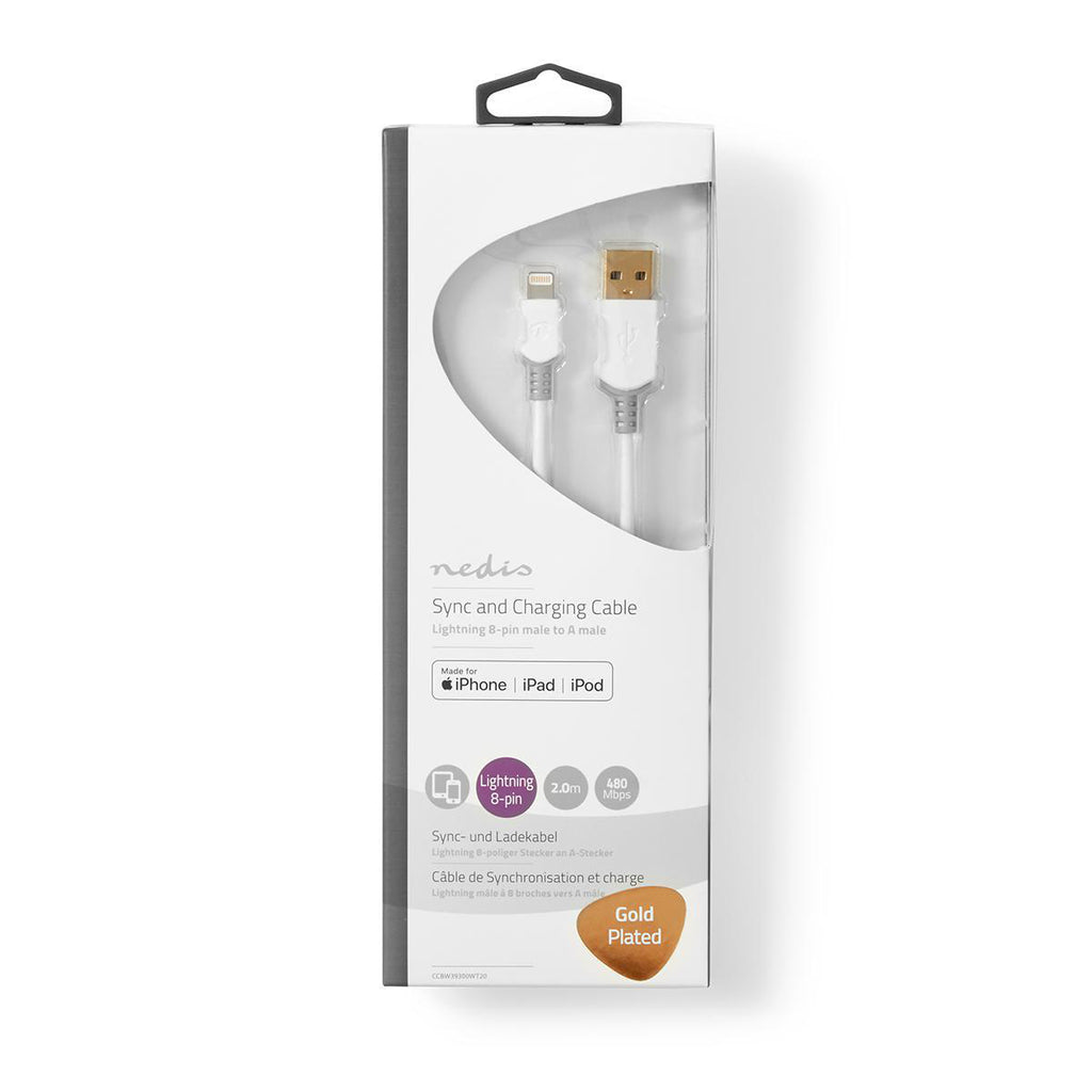 USB kábel | Apple Lightning | Apple Lightning, 8 Pólusú | USB-A Dugasz | Aranyozott | 2.00 m | Kerek | PVC | Fehér/Szürke | Ablakos Doboz