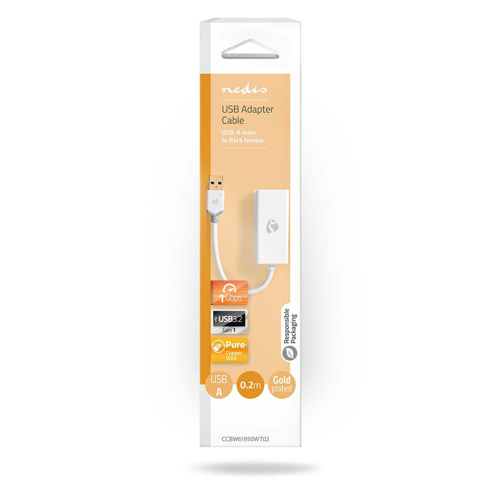 USB-A Adapter | USB 3.2 Gen 1 | USB-A Dugasz | RJ45 Aljzat | 1 Gbps | 0.20 m | Kerek | Aranyozott | PVC | Fehér | Doboz