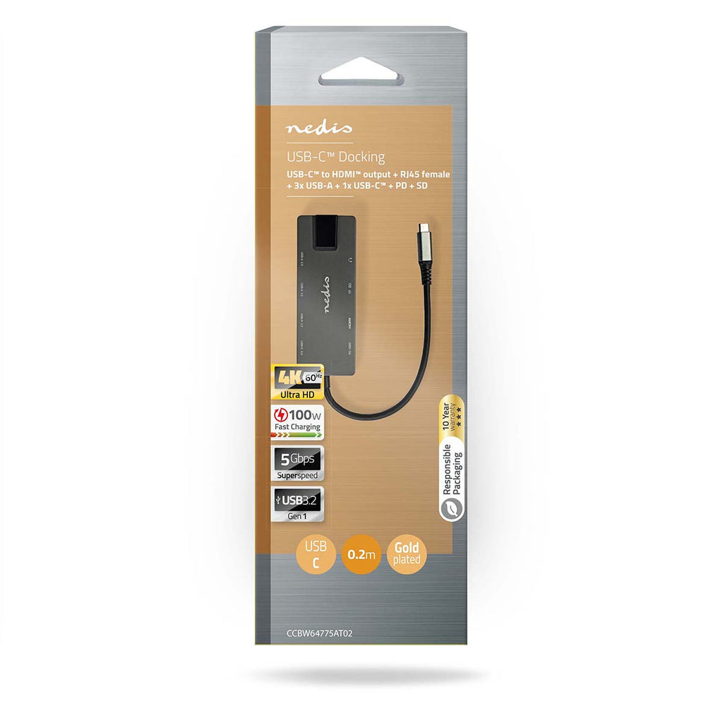 USB Dokkoló Állomás | USB 3.2 Gen 1 | USB-C™ Aljzat | HDMI™ Kimenet / RJ45 Aljzat / SD / 2x USB-C™ / 3.5 mm Aljzat / 3x USB-A Aljzat | 5 Gbps | 0.20 m | Kerek | Aranyozott | PVC | Antracit | Doboz