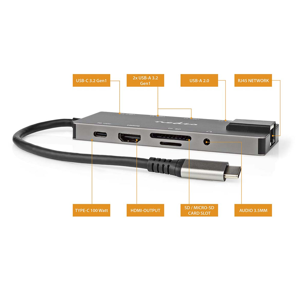 USB Dokkoló Állomás | USB 3.2 Gen 1 | USB-C™ Aljzat | HDMI™ Kimenet / RJ45 Aljzat / SD / 2x USB-C™ / 3.5 mm Aljzat / 3x USB-A Aljzat | 5 Gbps | 0.20 m | Kerek | Aranyozott | PVC | Antracit | Doboz