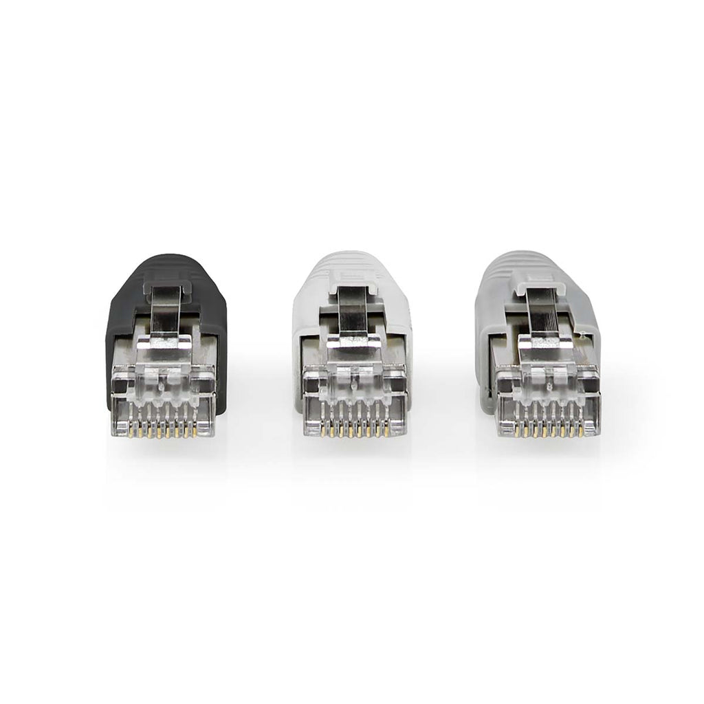 RJ45 csatlakozó | RJ45 Pass Through | Szilárd/szálas FTP CAT6 | Egyenes | Aranyozott | 10 db | PVC | Fehér / Fekete / Szürke | Doboz